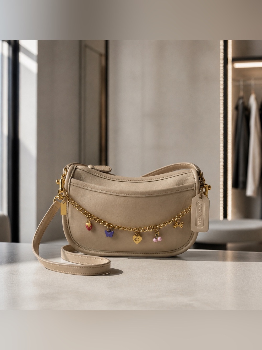 Vintage Coach Wendie Zip handbag in bone-tan color leather